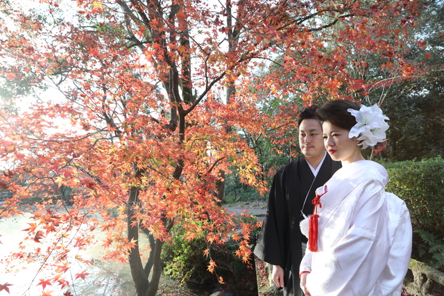 紅葉した桜を背景に祇園で前撮り